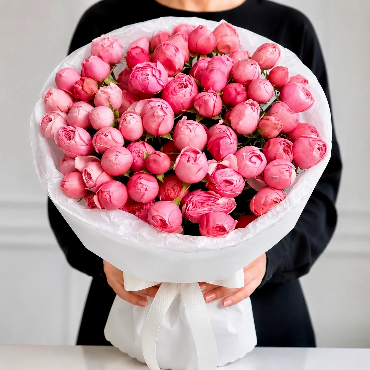 Fresh 21 Premium Pink Peony Roses bouquet with luxurious Silva blooms in elegant white wrapping